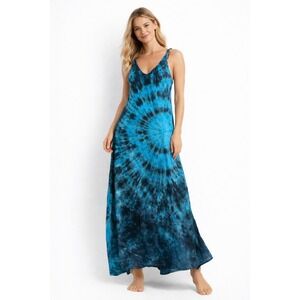 Blue Black Tie Dye M Maxi Dress Boho Festival Sleeveless Flowing Beach